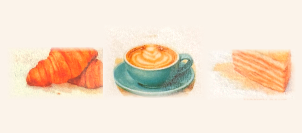 Croissant, café latte and honey cake